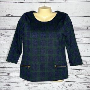Talbots Petites Size Sp Green & Metallic Blue Plaid Gold Zipper Blouse Top